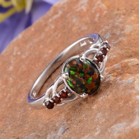 New Solid Sterling Silver Black Opal & Garnet Ring - Picture 3 of 9